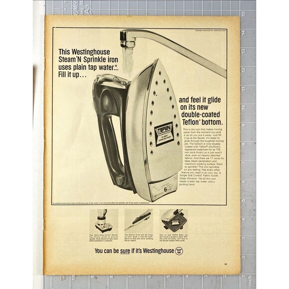 Westinghouse Stream 'N Sprinkle Iron "Uses Tap Water: Teflon Bottom" Vtg Ad 1966 - Picture 2 of 3
